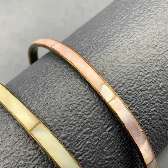 MOP Bangle Bracelet Lot As Is Gold White Pink Retro BoHo Mother Of Pearl - Picture 2 of 4